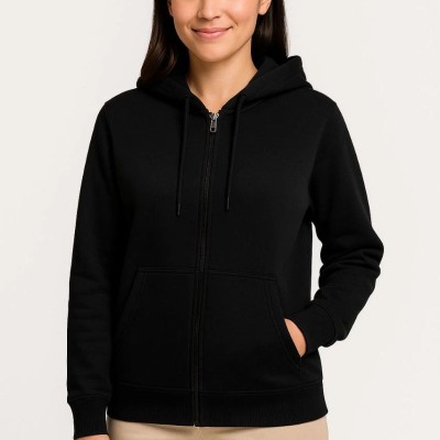 Kadın 3 İplik Kapüşonlu Tam Fermuarlı Kanguru Cepli Sweatshirt Hoodie - Siyah