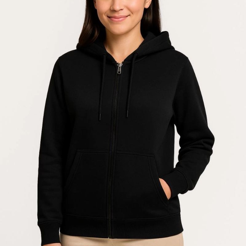 Kadın 3 İplik Kapüşonlu Tam Fermuarlı Kanguru Cepli Sweatshirt Hoodie - Siyah