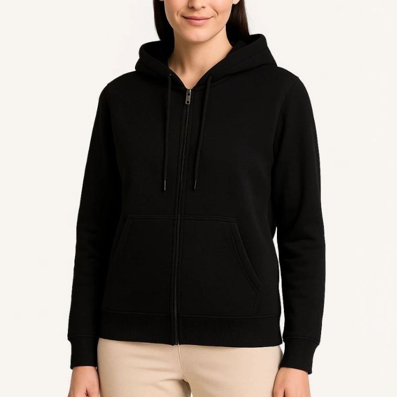 Kadın 3 İplik Kapüşonlu Tam Fermuarlı Kanguru Cepli Sweatshirt Hoodie - Siyah