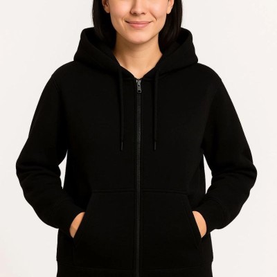 Kadın 3 İplik Kapüşonlu Tam Fermuarlı Kanguru Cepli Sweatshirt Hoodie - Siyah