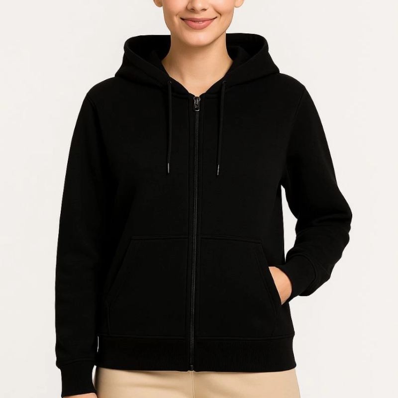 Kadın 3 İplik Kapüşonlu Tam Fermuarlı Kanguru Cepli Sweatshirt Hoodie - Siyah