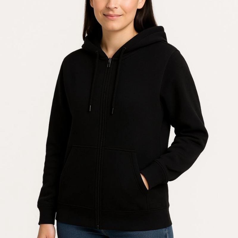 Kadın 3 İplik Kapüşonlu Tam Fermuarlı Kanguru Cepli Sweatshirt Hoodie - Siyah