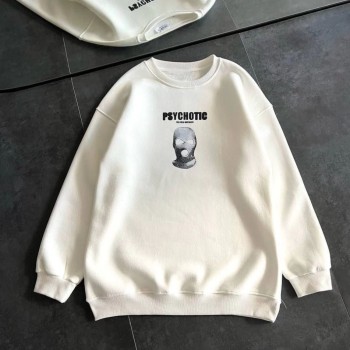 Kadın 3 iplik Kışlık Bisiklet Yaka Baskılı SweatShirt - Beyaz