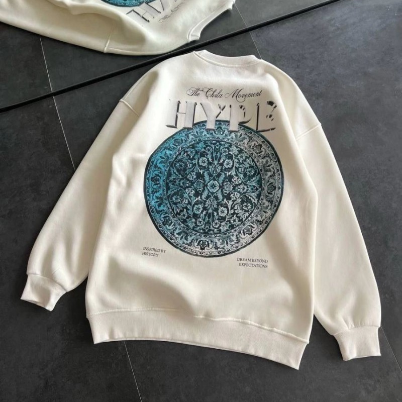 Kadın 3 İplik Pamuklu Bisiklet Yaka Baskılı SweatShirt - Beyaz