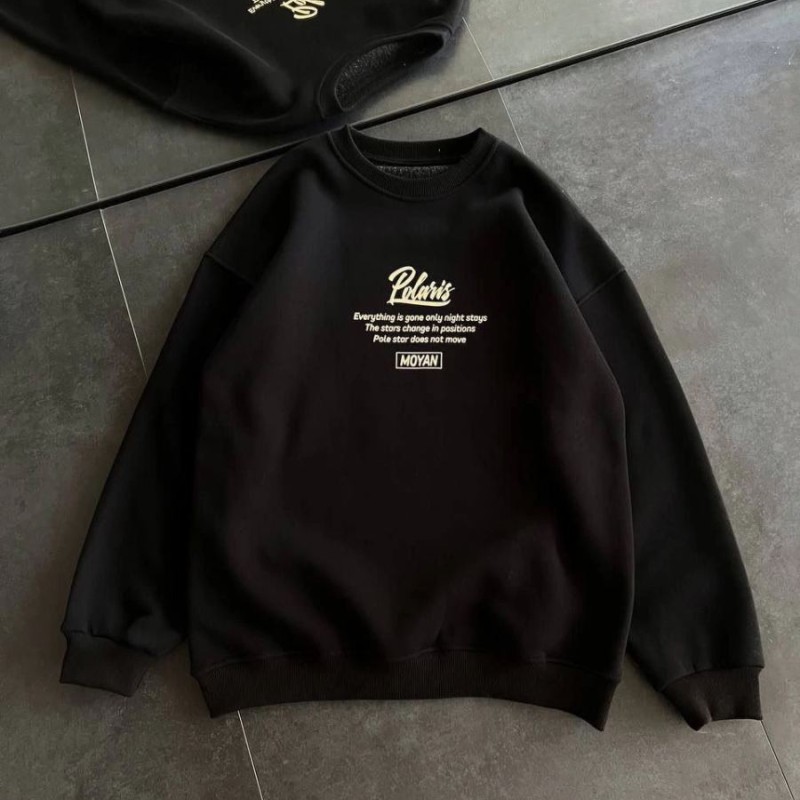 Kadın 3 iplik Pamuklu Bisiklet Yaka Baskılı SweatShirt - Siyah