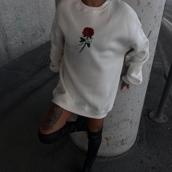 Kadın 3 iplik Pamuklu Bisiklet Yaka GÜL Baskılı SweatShirt - BeyazBeyaz
