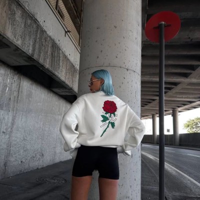 Kadın 3 iplik Pamuklu Bisiklet Yaka GÜL Baskılı SweatShirt - BeyazBeyaz