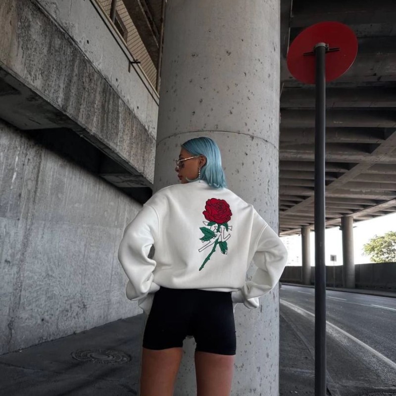 Kadın 3 iplik Pamuklu Bisiklet Yaka GÜL Baskılı SweatShirt - BeyazBeyaz