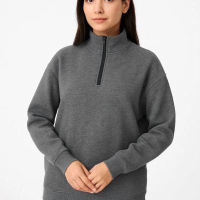 Kadın 3 İplik Pamuklu Dık Yaka Yarım Fermuarlı SweatShirt - Antrasit