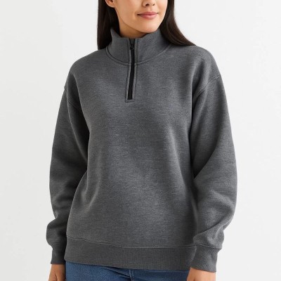Kadın 3 İplik Pamuklu Dık Yaka Yarım Fermuarlı SweatShirt - Antrasit