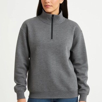 Kadın 3 İplik Pamuklu Dık Yaka Yarım Fermuarlı SweatShirt - Antrasit