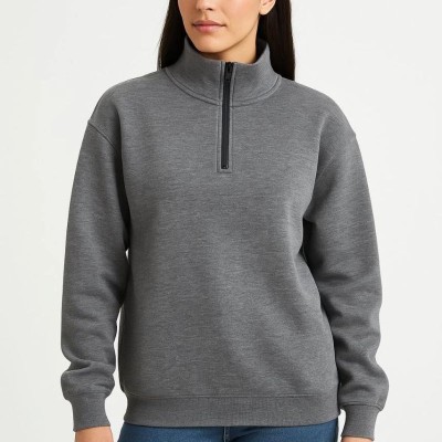 Kadın 3 İplik Pamuklu Dık Yaka Yarım Fermuarlı SweatShirt - Antrasit