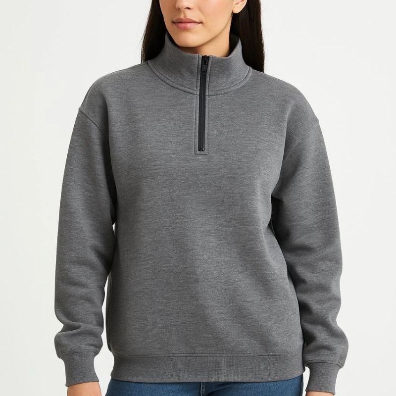 Kadın 3 İplik Pamuklu Dık Yaka Yarım Fermuarlı SweatShirt - Antrasit