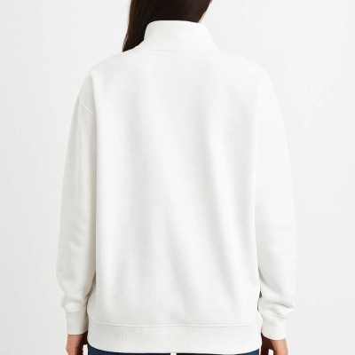 Kadın 3 İplik Pamuklu Dık Yaka Yarım Fermuarlı SweatShirt - Beyaz