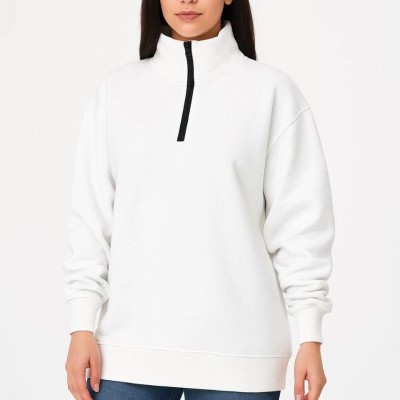 Kadın 3 İplik Pamuklu Dık Yaka Yarım Fermuarlı SweatShirt - Beyaz
