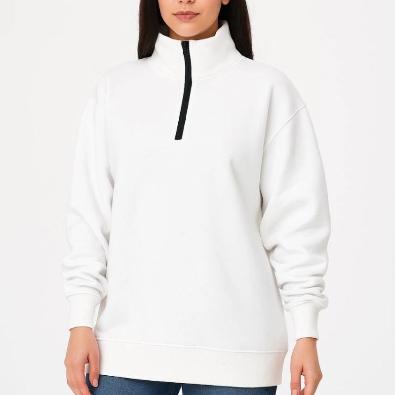 Kadın 3 İplik Pamuklu Dık Yaka Yarım Fermuarlı SweatShirt - Beyaz