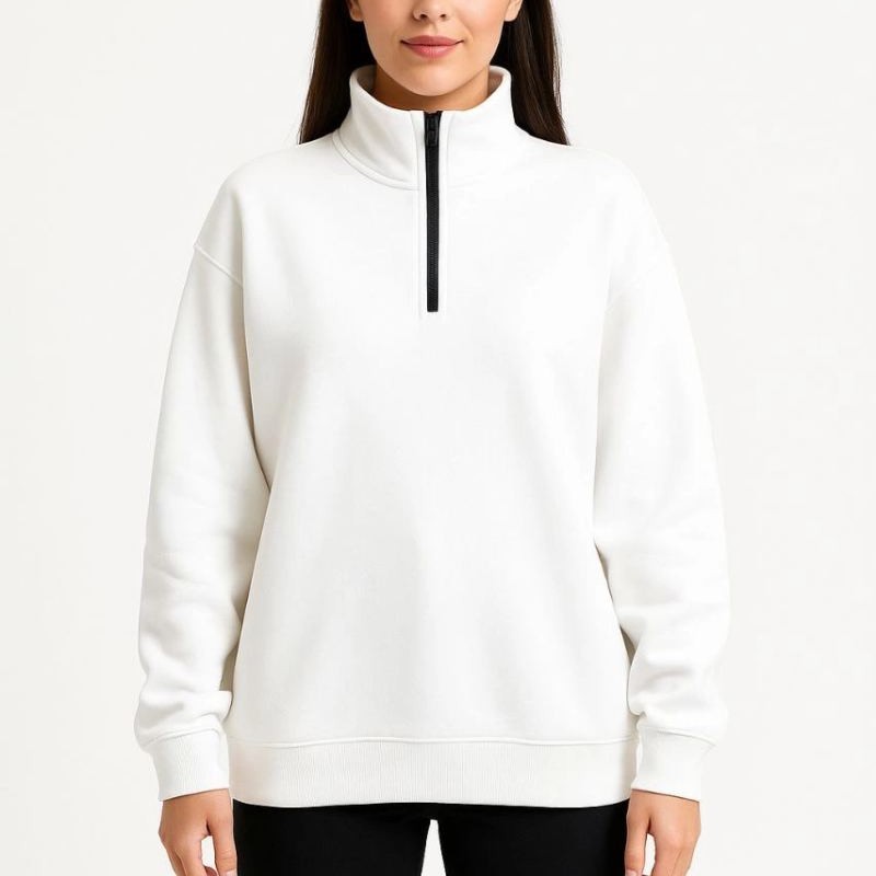 Kadın 3 İplik Pamuklu Dık Yaka Yarım Fermuarlı SweatShirt - Beyaz