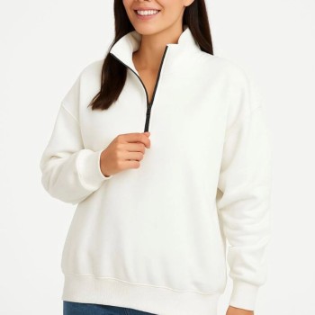 Kadın 3 İplik Pamuklu Dık Yaka Yarım Fermuarlı SweatShirt - Beyaz
