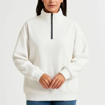 Kadın 3 İplik Pamuklu Dık Yaka Yarım Fermuarlı SweatShirt - Beyaz