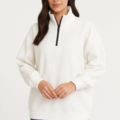 Kadın 3 İplik Pamuklu Dık Yaka Yarım Fermuarlı SweatShirt - Beyaz