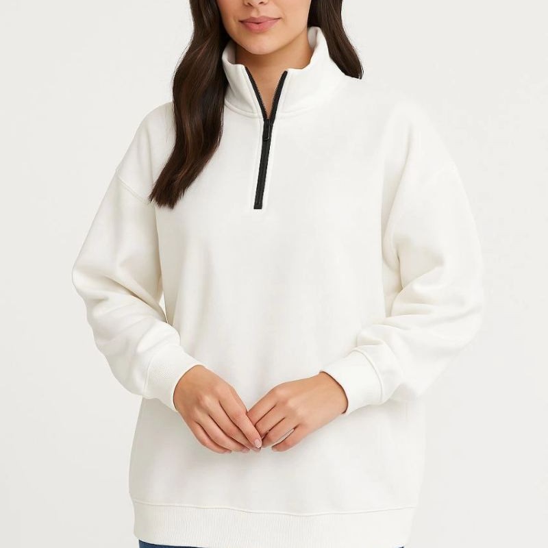 Kadın 3 İplik Pamuklu Dık Yaka Yarım Fermuarlı SweatShirt - Beyaz