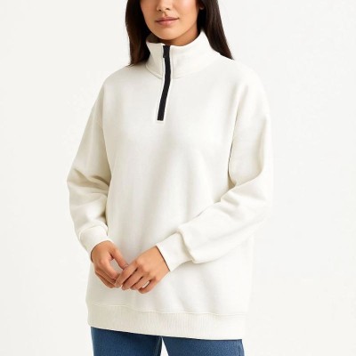 Kadın 3 İplik Pamuklu Dık Yaka Yarım Fermuarlı SweatShirt - Beyaz