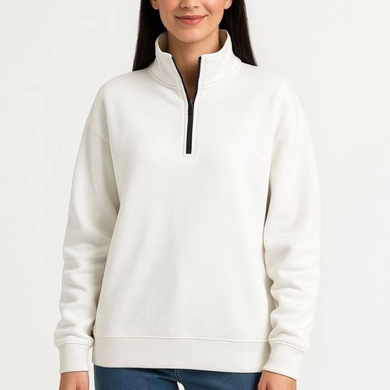 Kadın 3 İplik Pamuklu Dık Yaka Yarım Fermuarlı SweatShirt - Beyaz