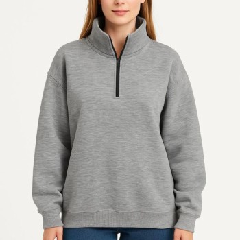 Kadın 3 İplik Pamuklu Dık Yaka Yarım Fermuarlı SweatShirt - Gri