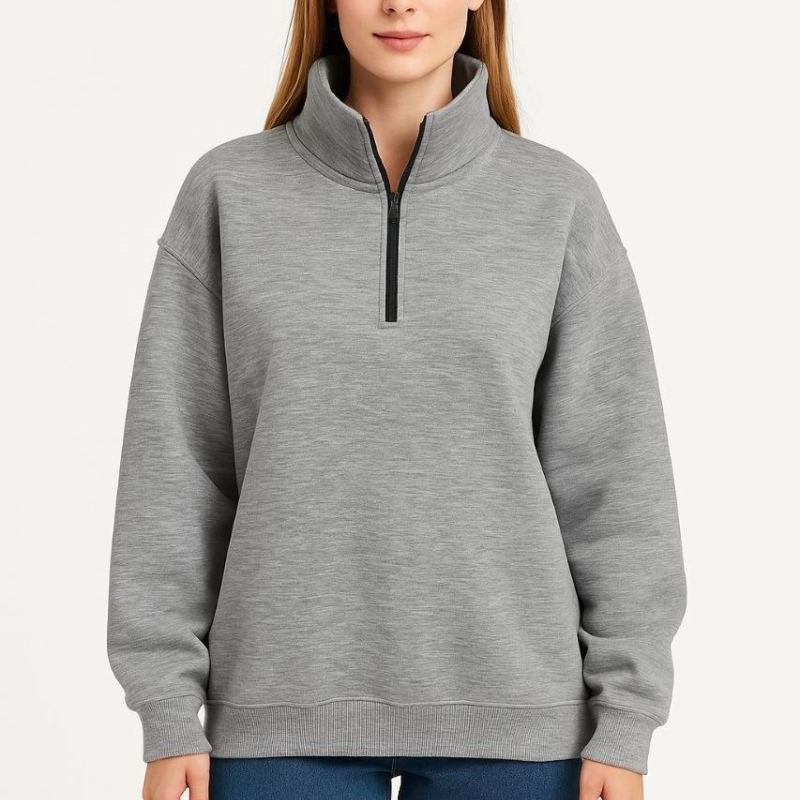 Kadın 3 İplik Pamuklu Dık Yaka Yarım Fermuarlı SweatShirt - Gri
