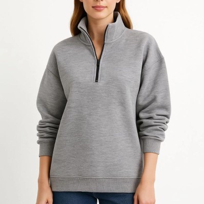 Kadın 3 İplik Pamuklu Dık Yaka Yarım Fermuarlı SweatShirt - Gri