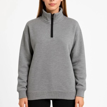 Kadın 3 İplik Pamuklu Dık Yaka Yarım Fermuarlı SweatShirt - Gri