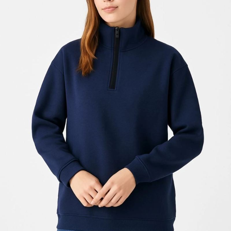 Kadın 3 İplik Pamuklu Dık Yaka Yarım Fermuarlı SweatShirt - Lacivert