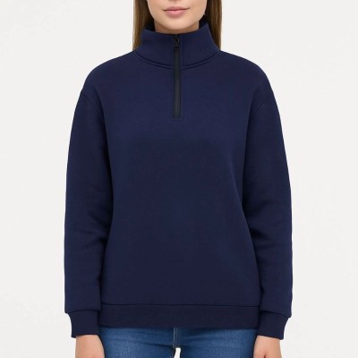 Kadın 3 İplik Pamuklu Dık Yaka Yarım Fermuarlı SweatShirt - Lacivert