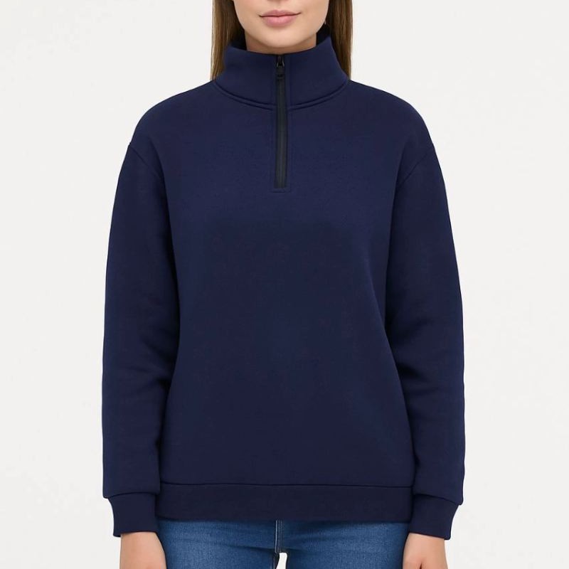 Kadın 3 İplik Pamuklu Dık Yaka Yarım Fermuarlı SweatShirt - Lacivert
