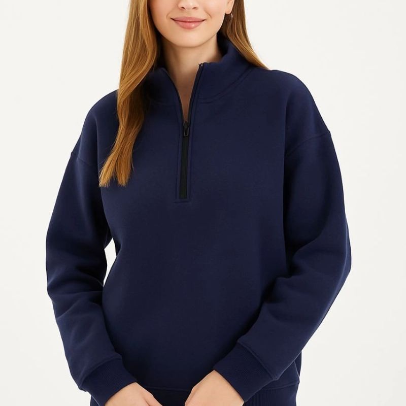 Kadın 3 İplik Pamuklu Dık Yaka Yarım Fermuarlı SweatShirt - Lacivert