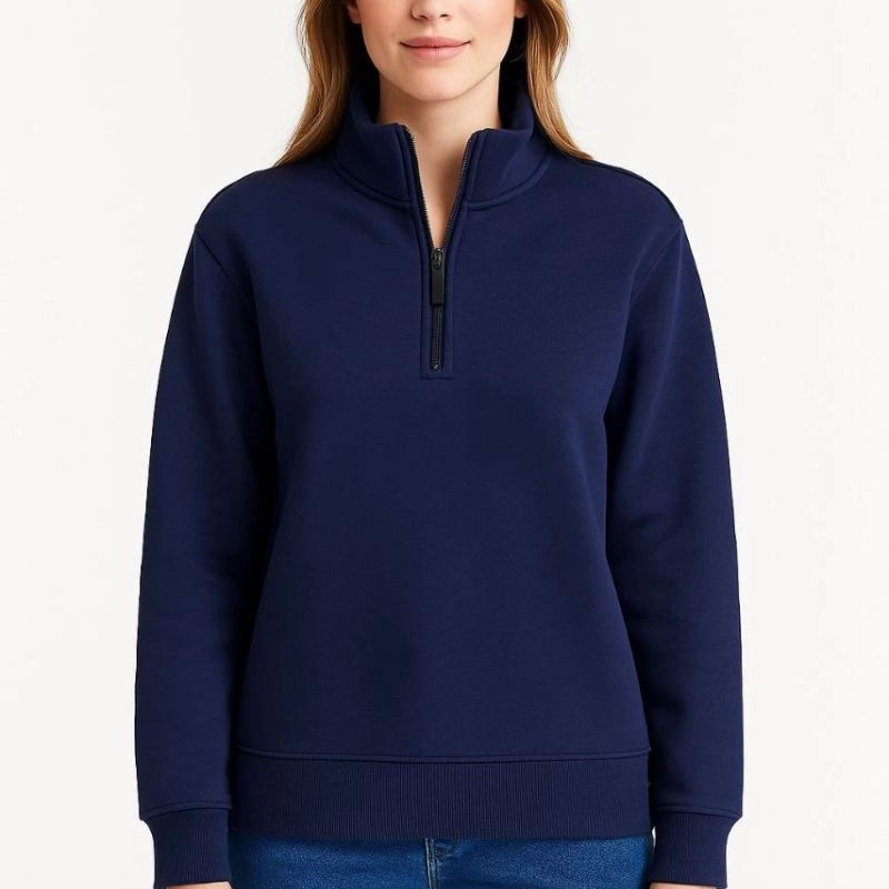 Kadın 3 İplik Pamuklu Dık Yaka Yarım Fermuarlı SweatShirt - Lacivert