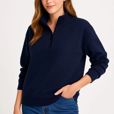 Kadın 3 İplik Pamuklu Dık Yaka Yarım Fermuarlı SweatShirt - Lacivert