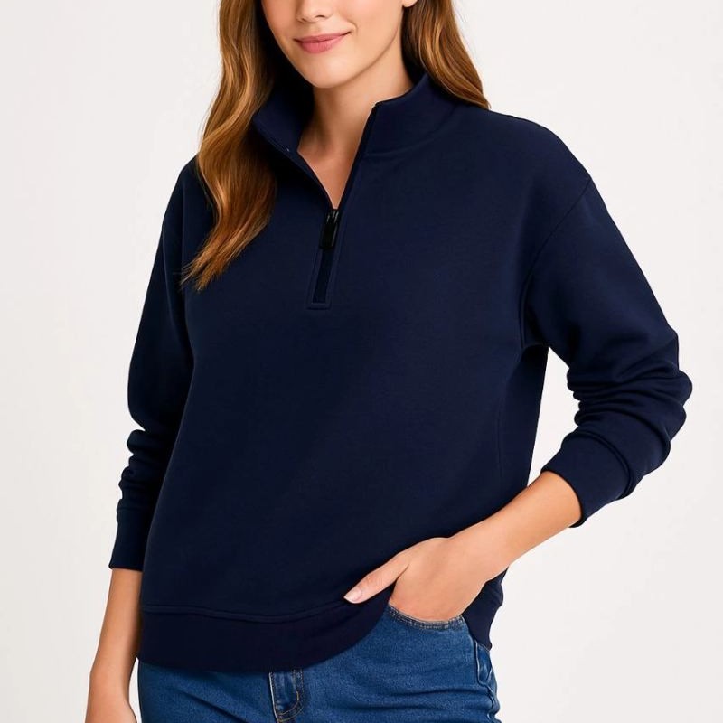 Kadın 3 İplik Pamuklu Dık Yaka Yarım Fermuarlı SweatShirt - Lacivert