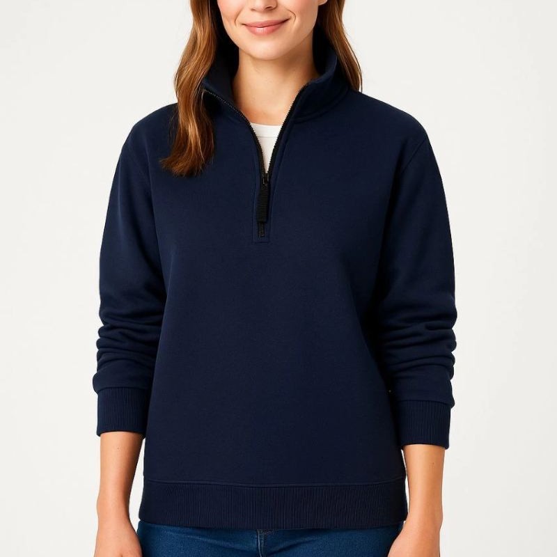Kadın 3 İplik Pamuklu Dık Yaka Yarım Fermuarlı SweatShirt - Lacivert
