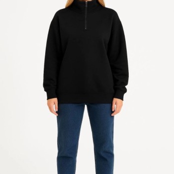 Kadın 3 İplik Pamuklu Dık Yaka Yarım Fermuarlı SweatShirt - Siyah