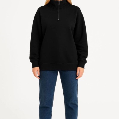 Kadın 3 İplik Pamuklu Dık Yaka Yarım Fermuarlı SweatShirt - Siyah
