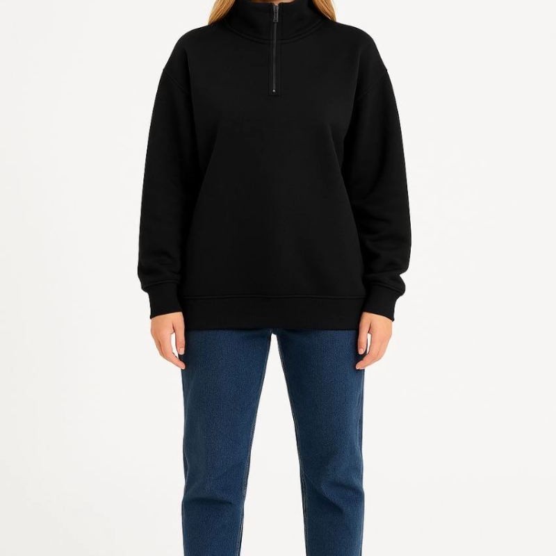 Kadın 3 İplik Pamuklu Dık Yaka Yarım Fermuarlı SweatShirt - Siyah