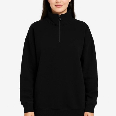 Kadın 3 İplik Pamuklu Dık Yaka Yarım Fermuarlı SweatShirt - Siyah