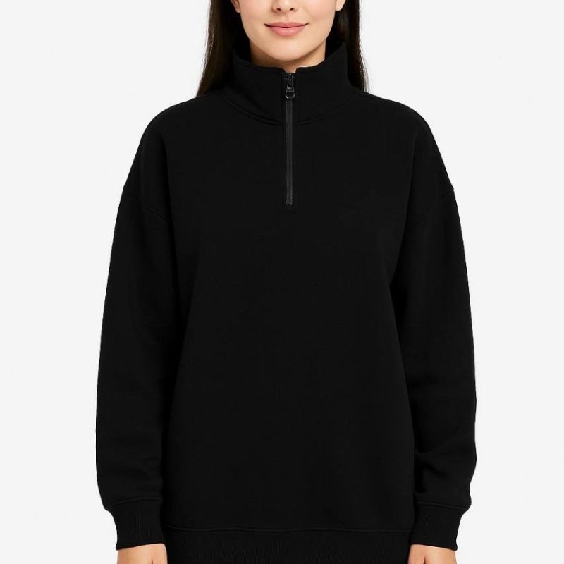 Kadın 3 İplik Pamuklu Dık Yaka Yarım Fermuarlı SweatShirt - Siyah