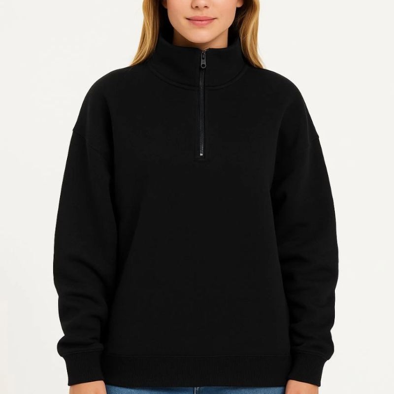 Kadın 3 İplik Pamuklu Dık Yaka Yarım Fermuarlı SweatShirt - Siyah