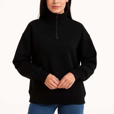 Kadın 3 İplik Pamuklu Dık Yaka Yarım Fermuarlı SweatShirt - Siyah