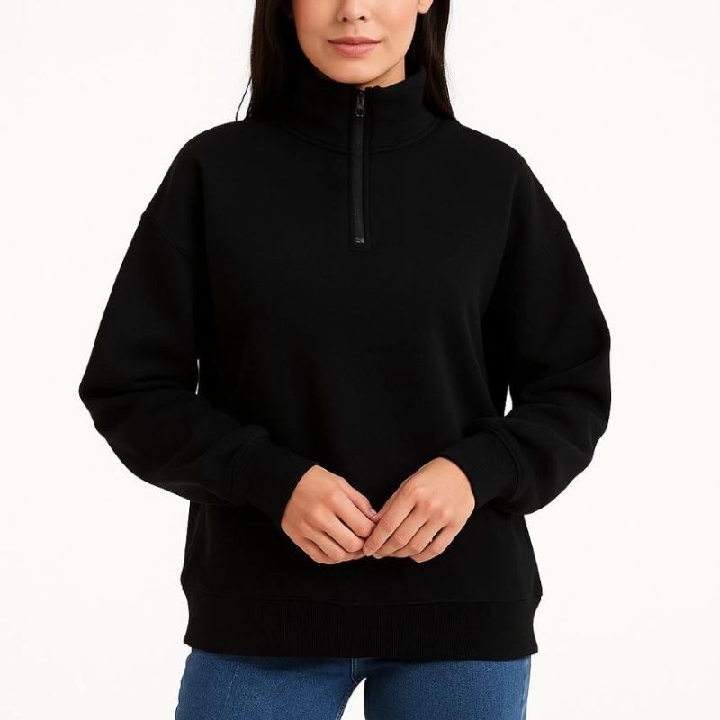 Kadın 3 İplik Pamuklu Dık Yaka Yarım Fermuarlı SweatShirt - Siyah