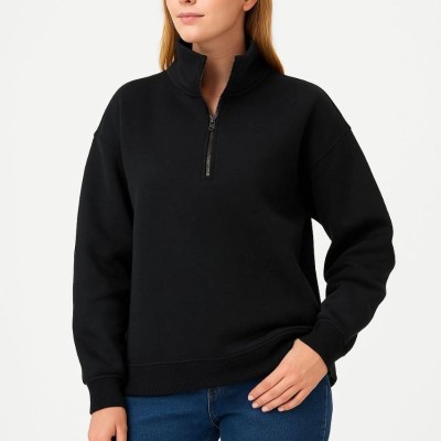 Kadın 3 İplik Pamuklu Dık Yaka Yarım Fermuarlı SweatShirt - Siyah