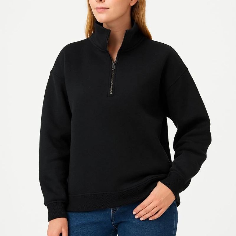 Kadın 3 İplik Pamuklu Dık Yaka Yarım Fermuarlı SweatShirt - Siyah