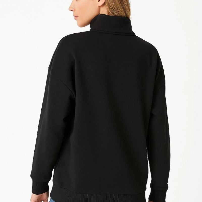 Kadın 3 İplik Pamuklu Dık Yaka Yarım Fermuarlı SweatShirt - Siyah